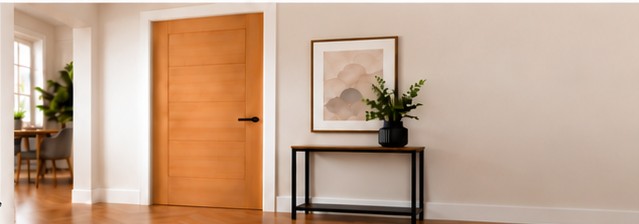 Warm oak internal door in a stylish contemporary home